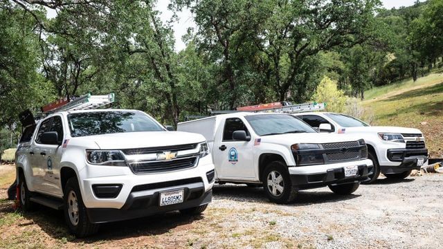Boyes Electrican trucks on a project in San Joaquin County, CA