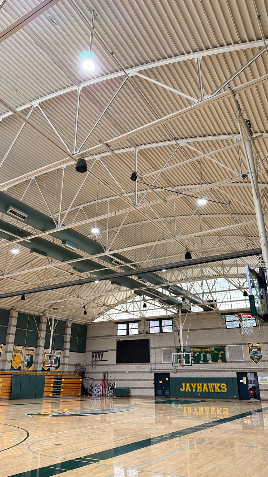 Newly installed lighting in a gymnasium
